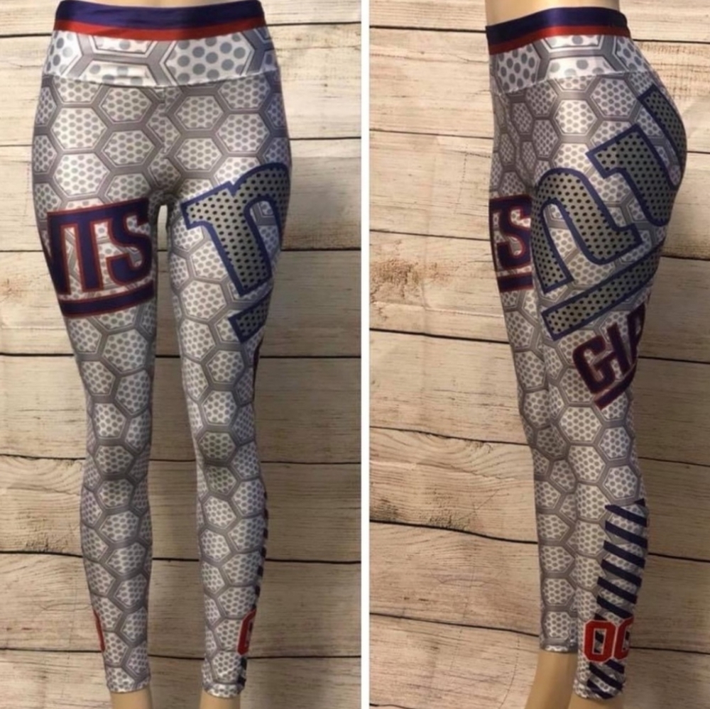 Grey Hex-Print Athletic Leggings with Blue & Red Accents